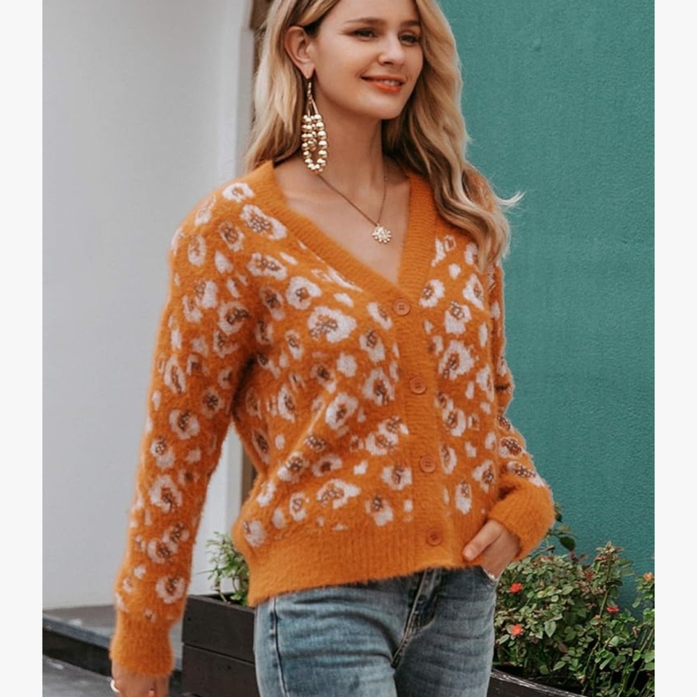 Simplee Apparel Orange Leopard Cardigan - Picture 4 of 7
